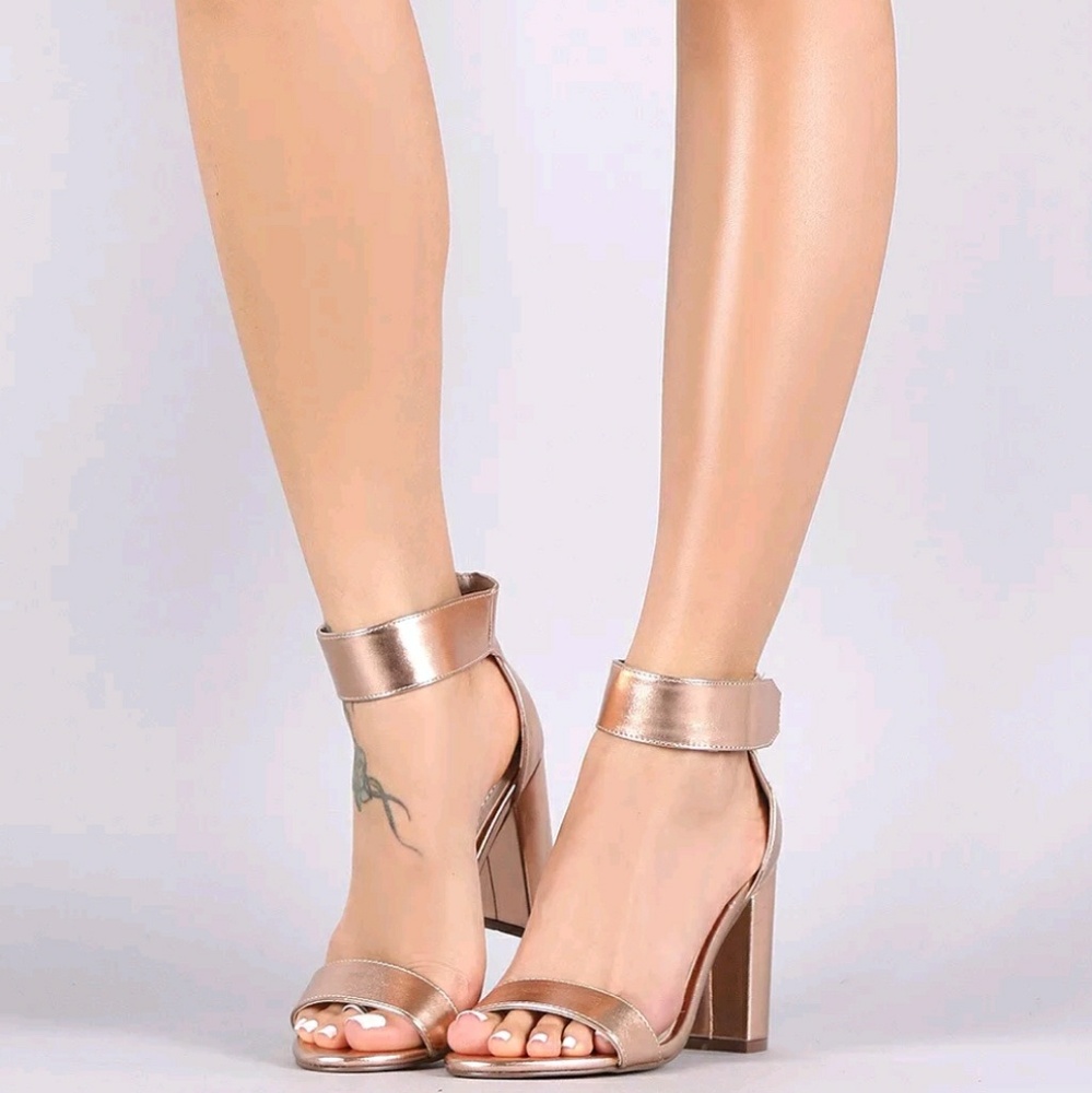 New With Box Metallic Rose Gold Ankle Strap Sandal